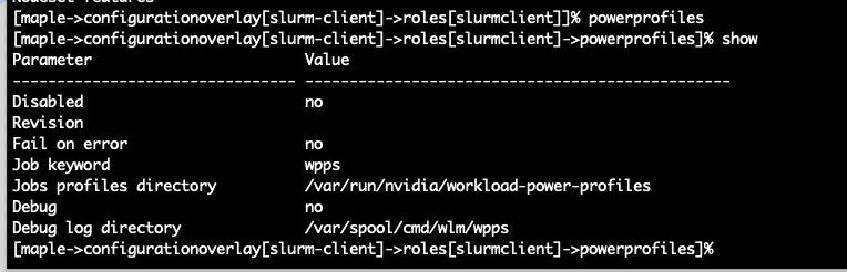 cmsh powerprofiles setting showing Disabled set to no
