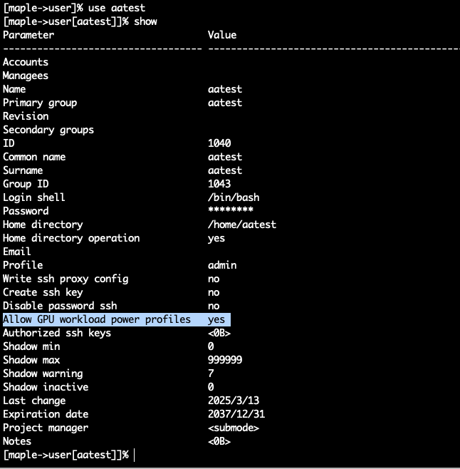 cmsh user context permissions for power profiles