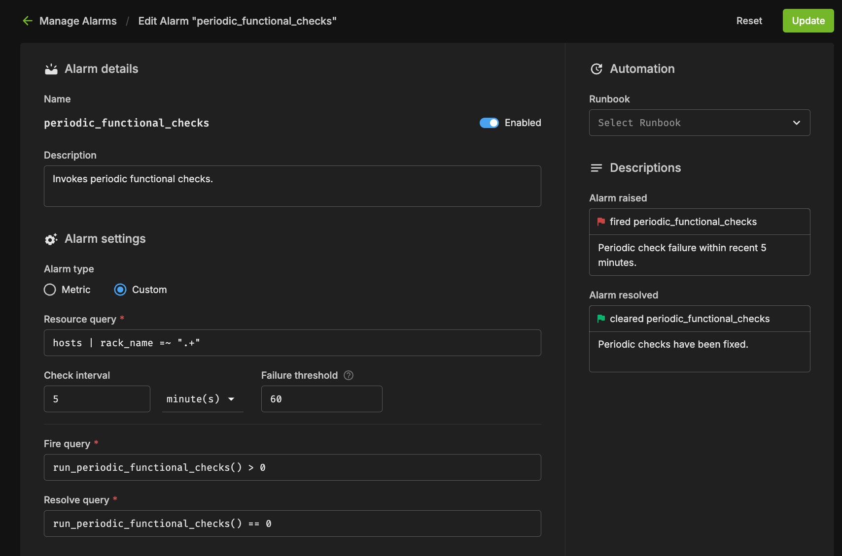 Alarm configuration example