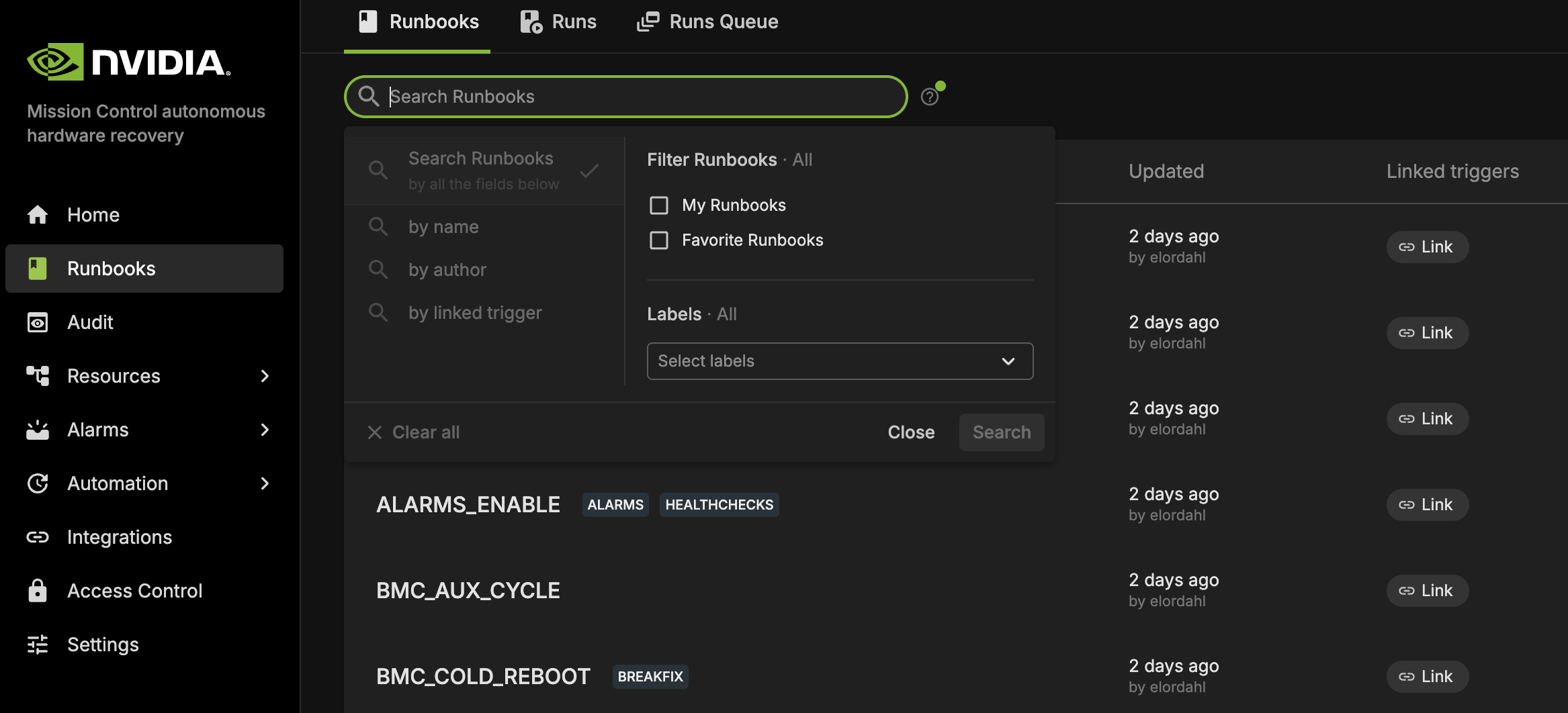 Search for the baseline entry point in the Runbooks page