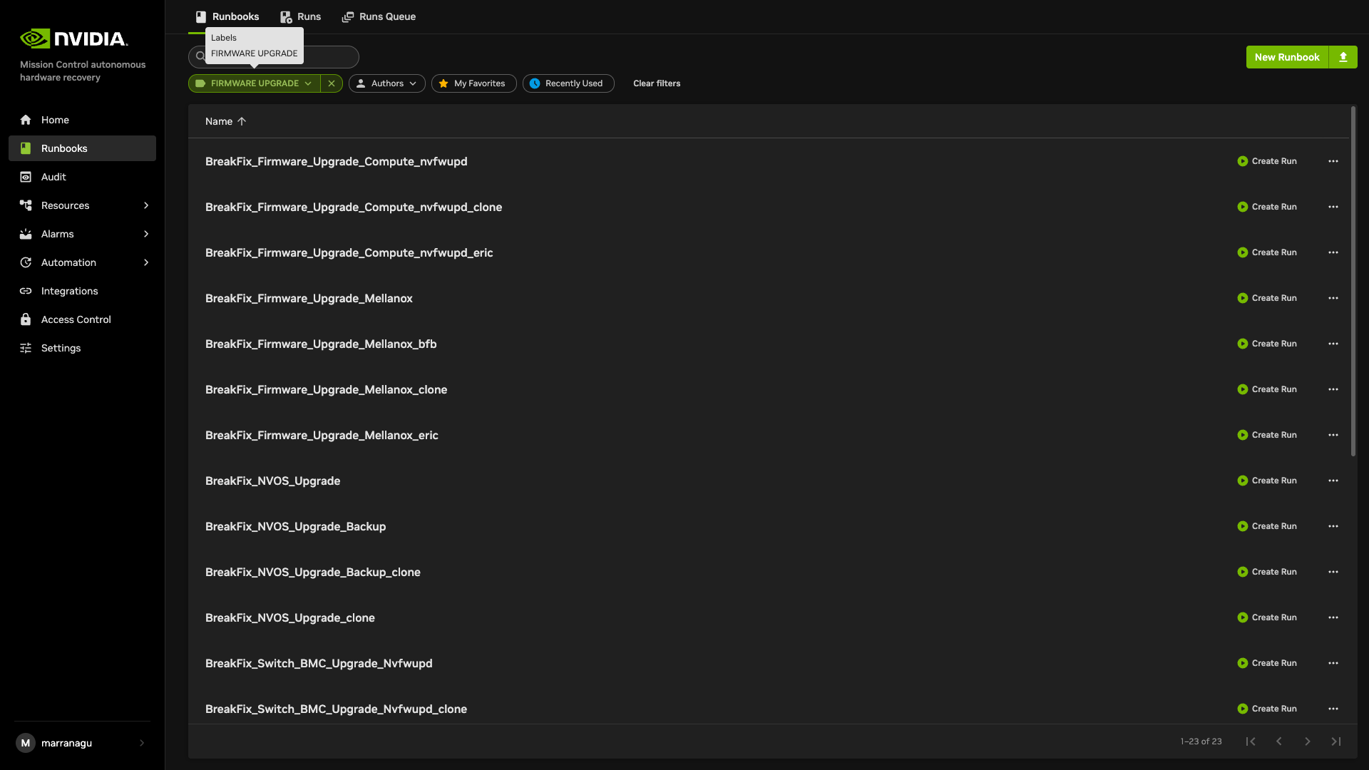 Filtered firmware runbook list used for VR component workflows