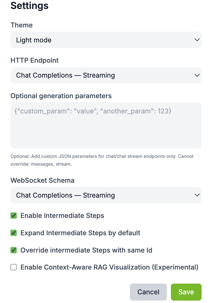 NeMo Agent Toolkit Web UI Settings