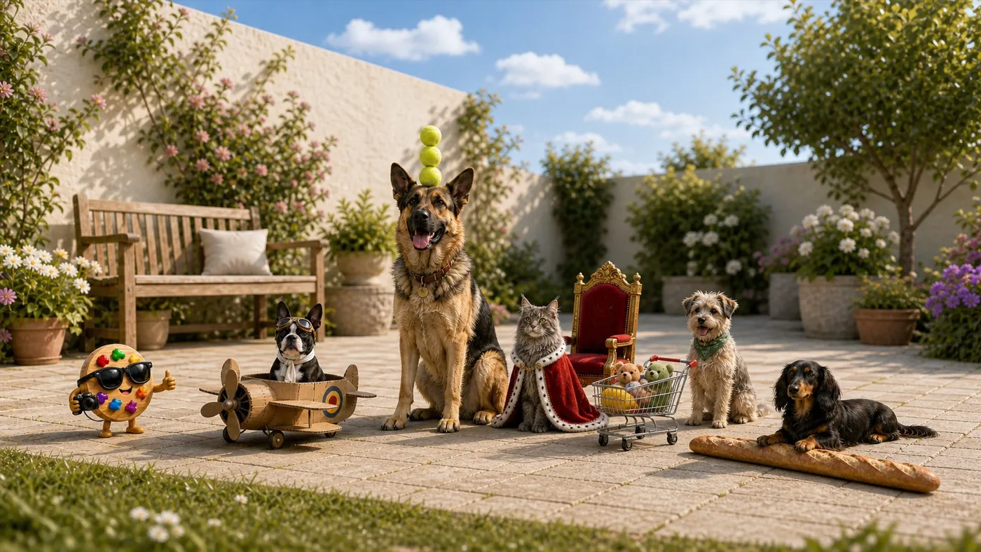 A Data Designer palette mascot photographing funny pets on a sunny backyard patio
