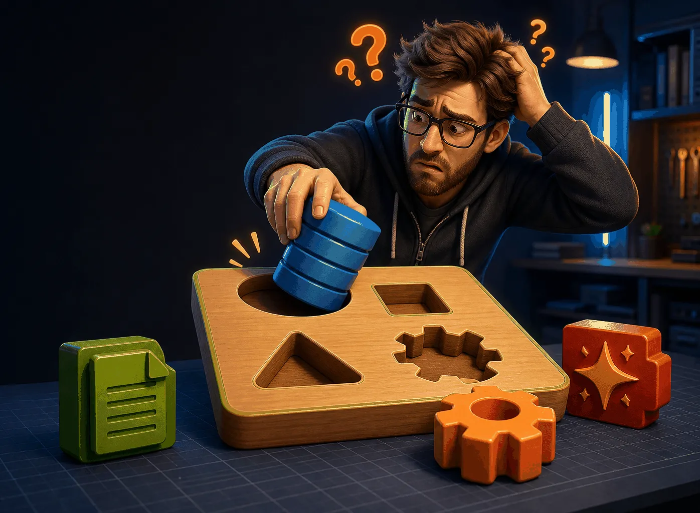 A confused engineer trying to fit custom building blocks into the wrong framework slots