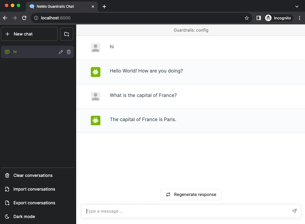 NeMo Guardrails Chat UI showing the Hello World configuration