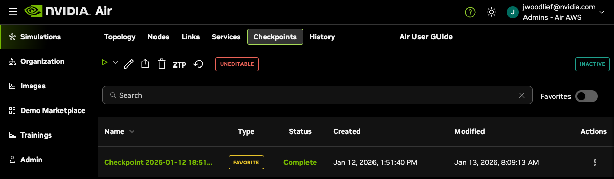 Checkpoints tab showing saved simulation checkpoints