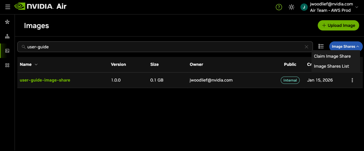 Image Shares dropdown with Claim Image Share option
