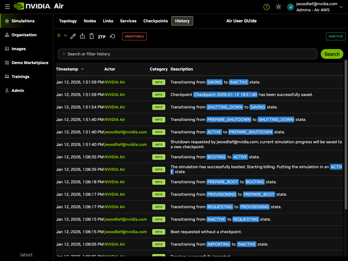 History tab showing simulation events