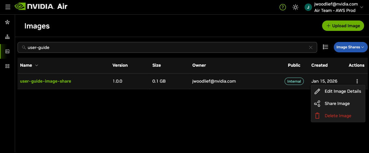 Actions menu showing Share Image option