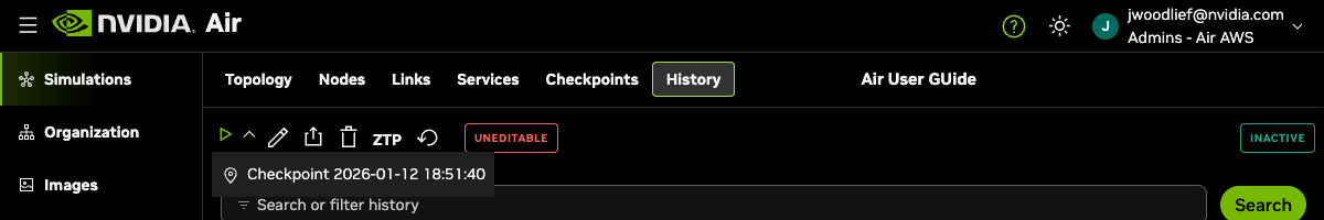 Start simulation dropdown showing available checkpoints