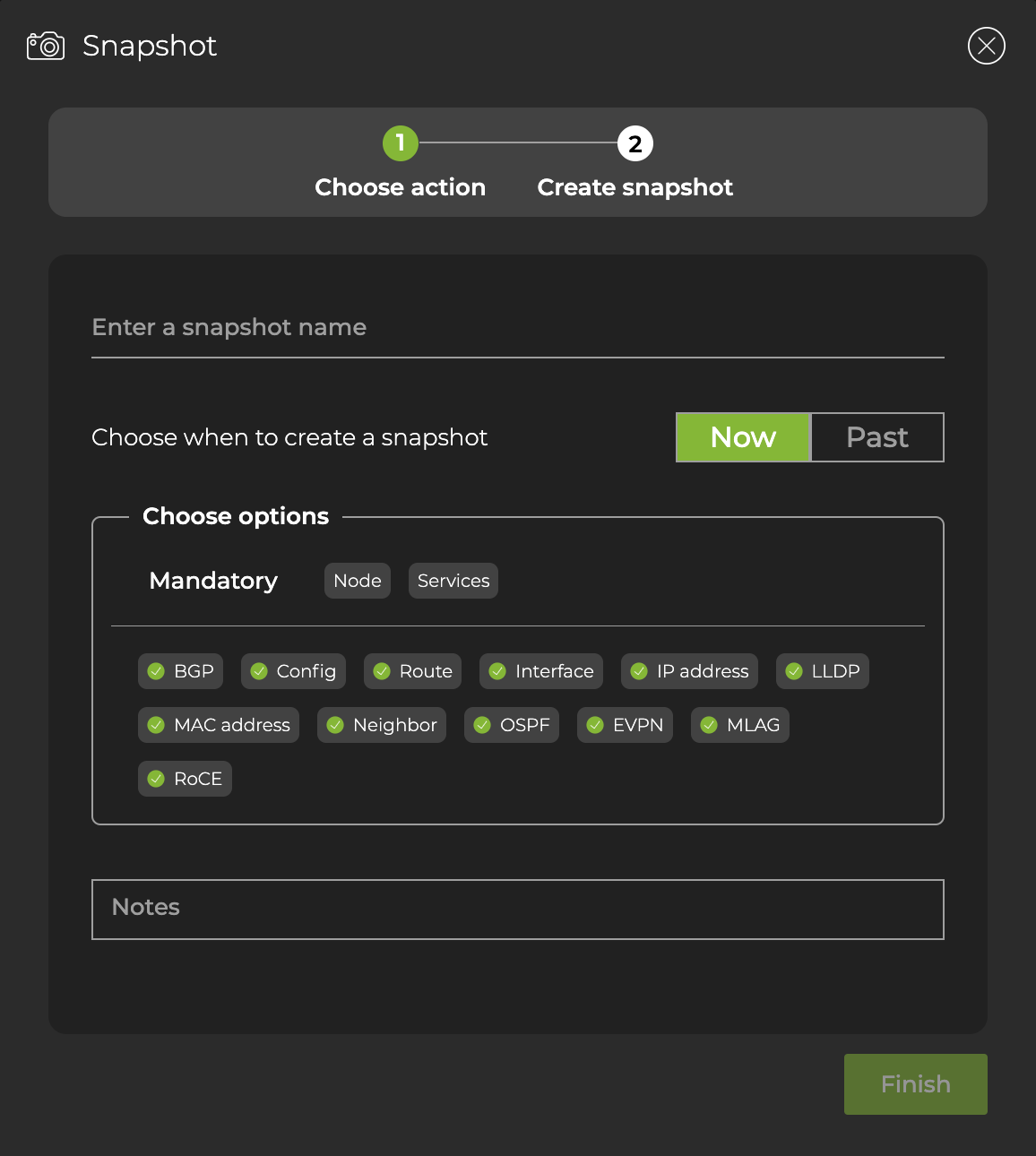 modal prompting user to add name, time frame, and options while creating a snapshot