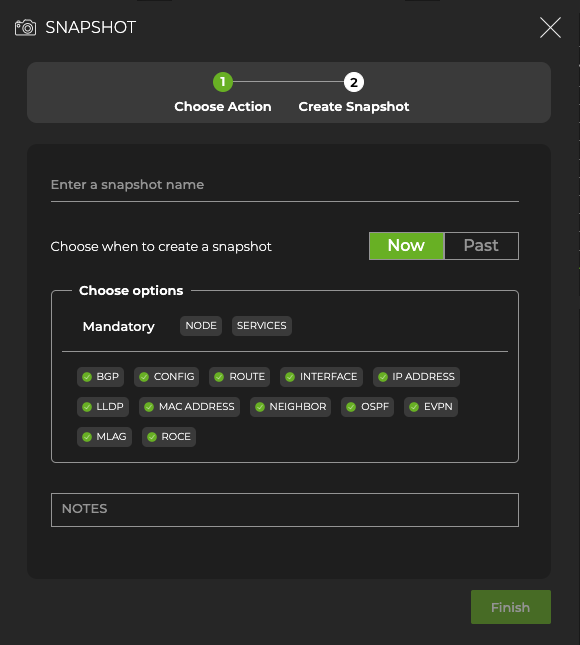 modal prompting user to add name, time frame, and options while creating a snapshot