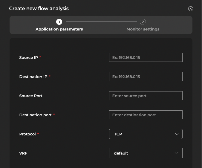 flow analysis wizard prompting user to enter application parameters