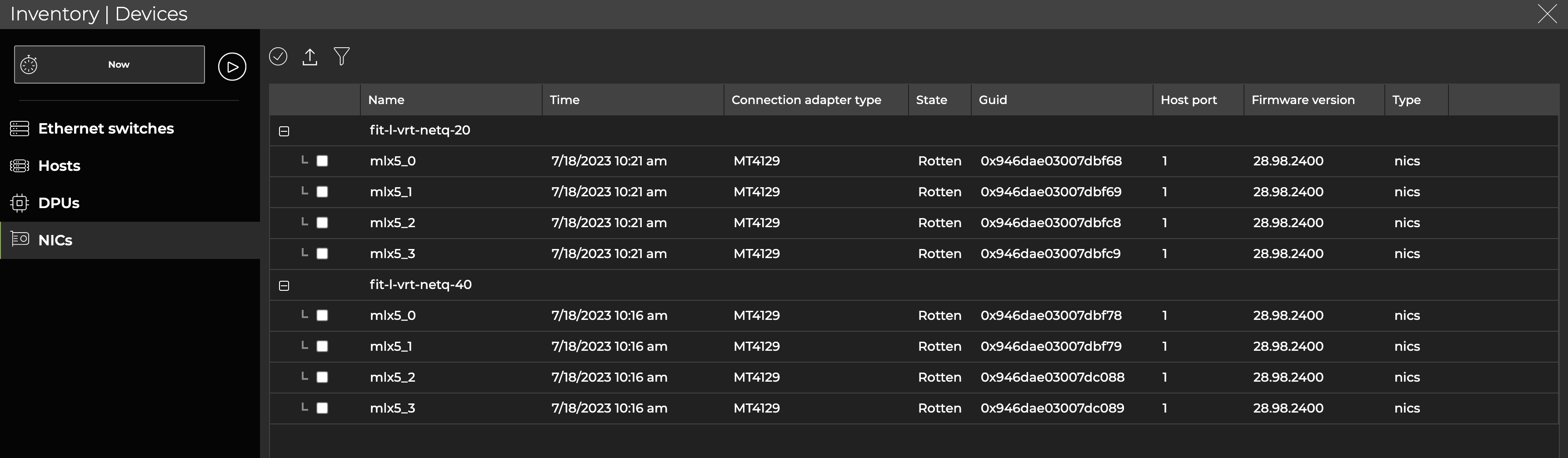 list of nics displaying a rotten netq agent