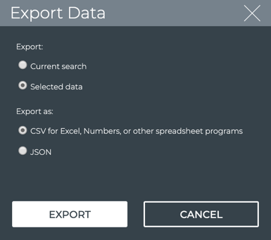 dialog prompting user to export data as a CSV or in JSON format