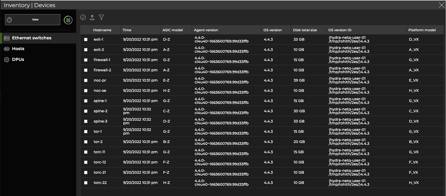 full-screen inventory/devices card displaying a list of switches