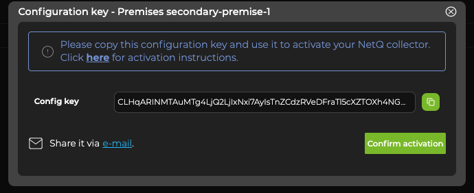 dialog displaying configuration key with options to copy or share the key