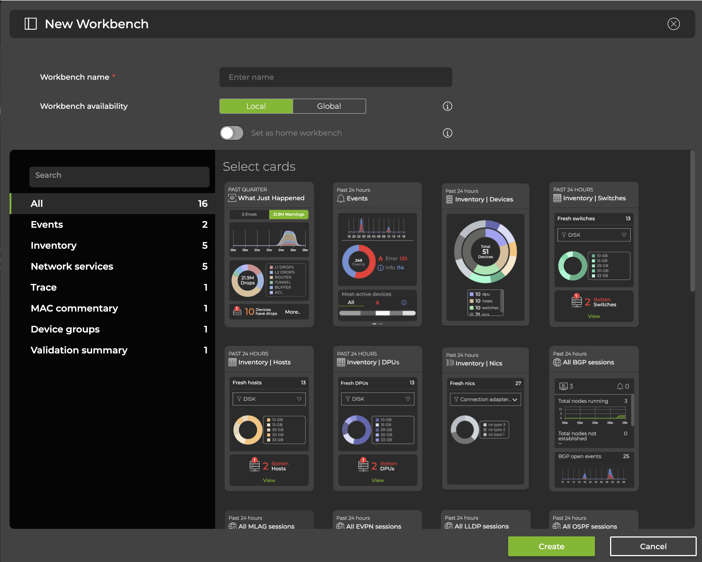 interface displaying the cards a user can select to add to their workbench