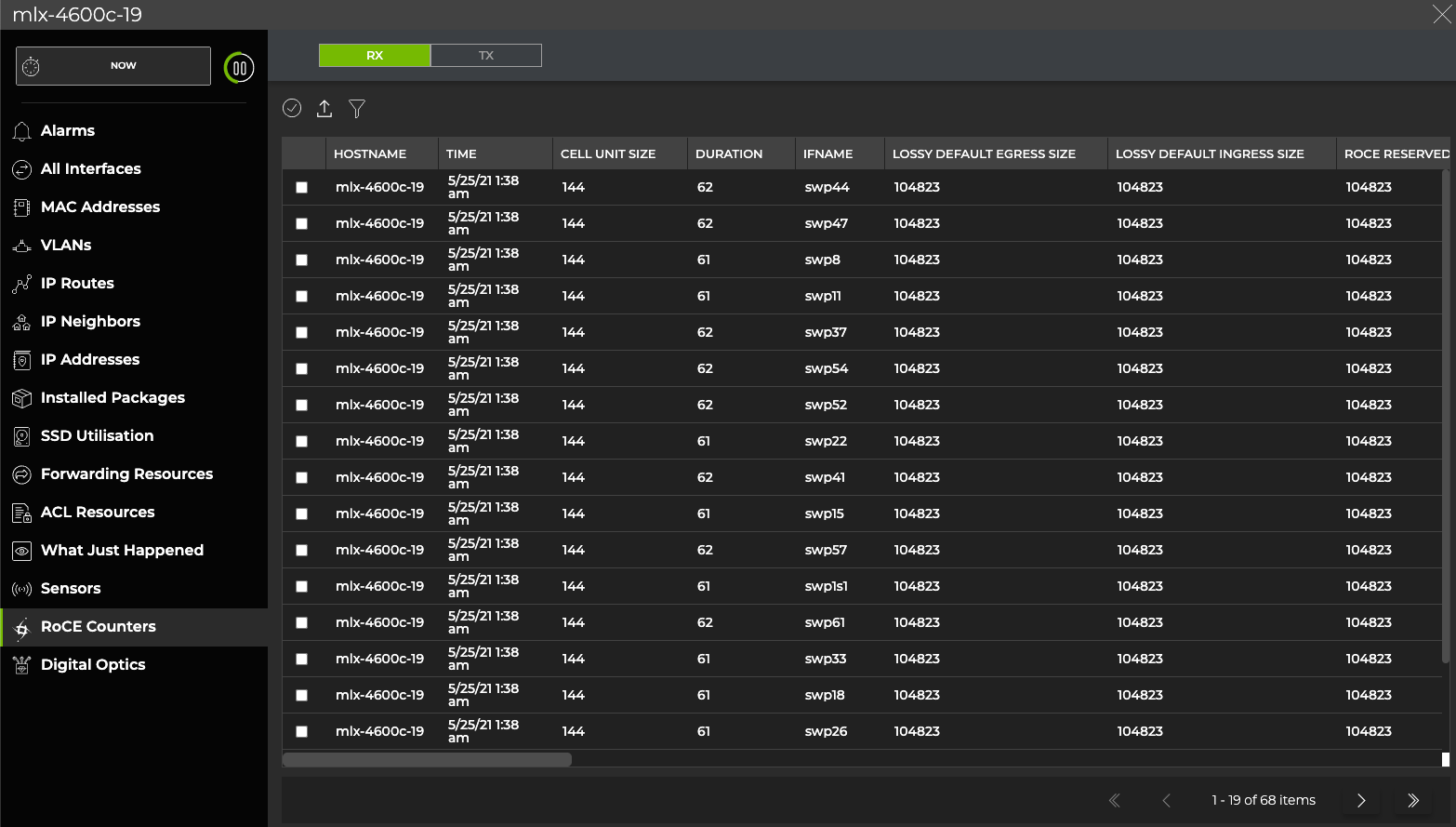 full-size switch card with RoCe Counters tab selected