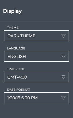 display card with fields specifying theme, language, time zone, and date format.