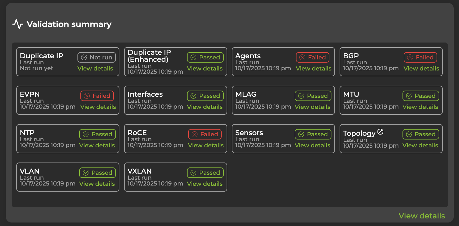 validation summary displaying network validation results