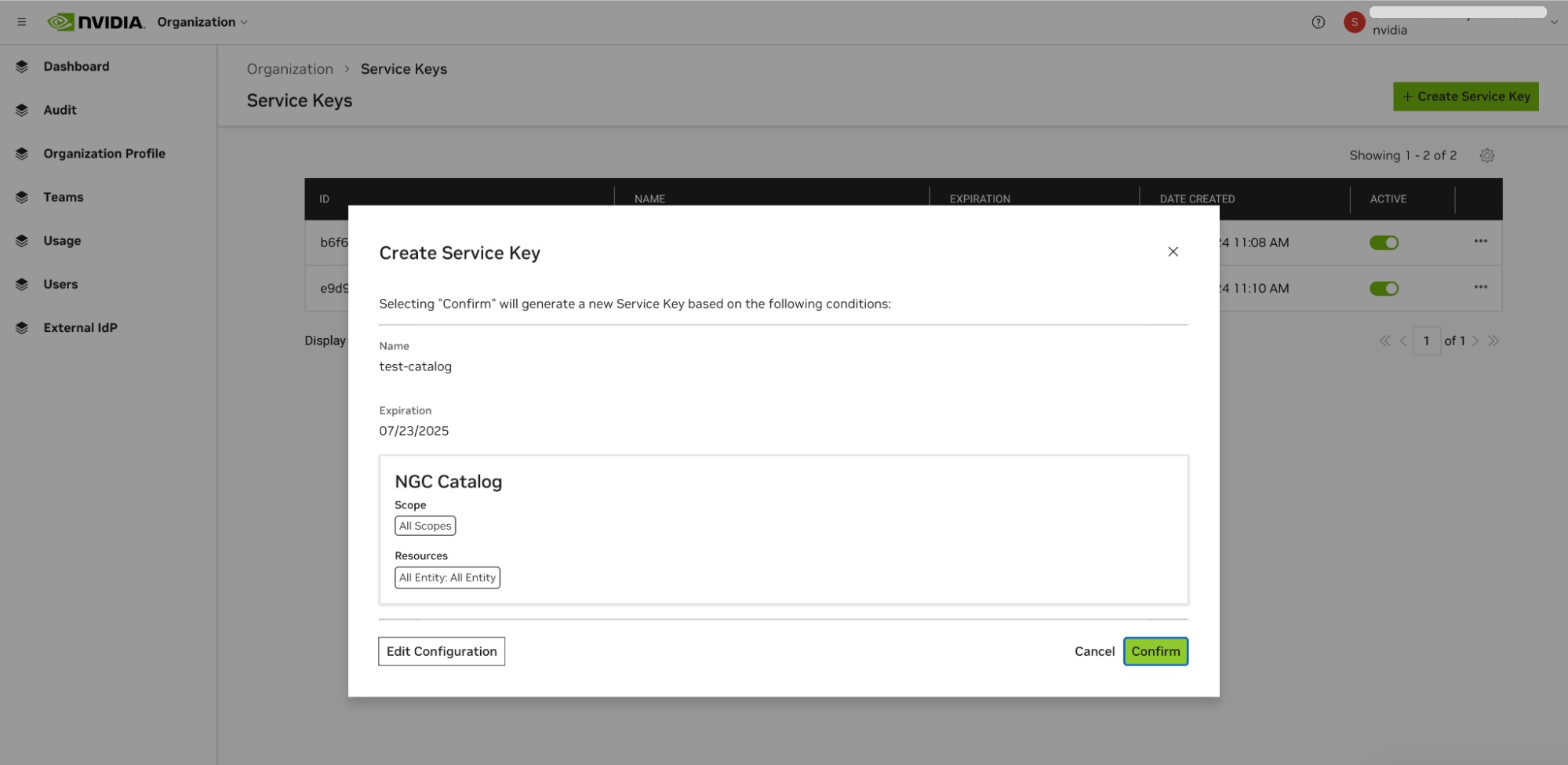 Service key confirmation