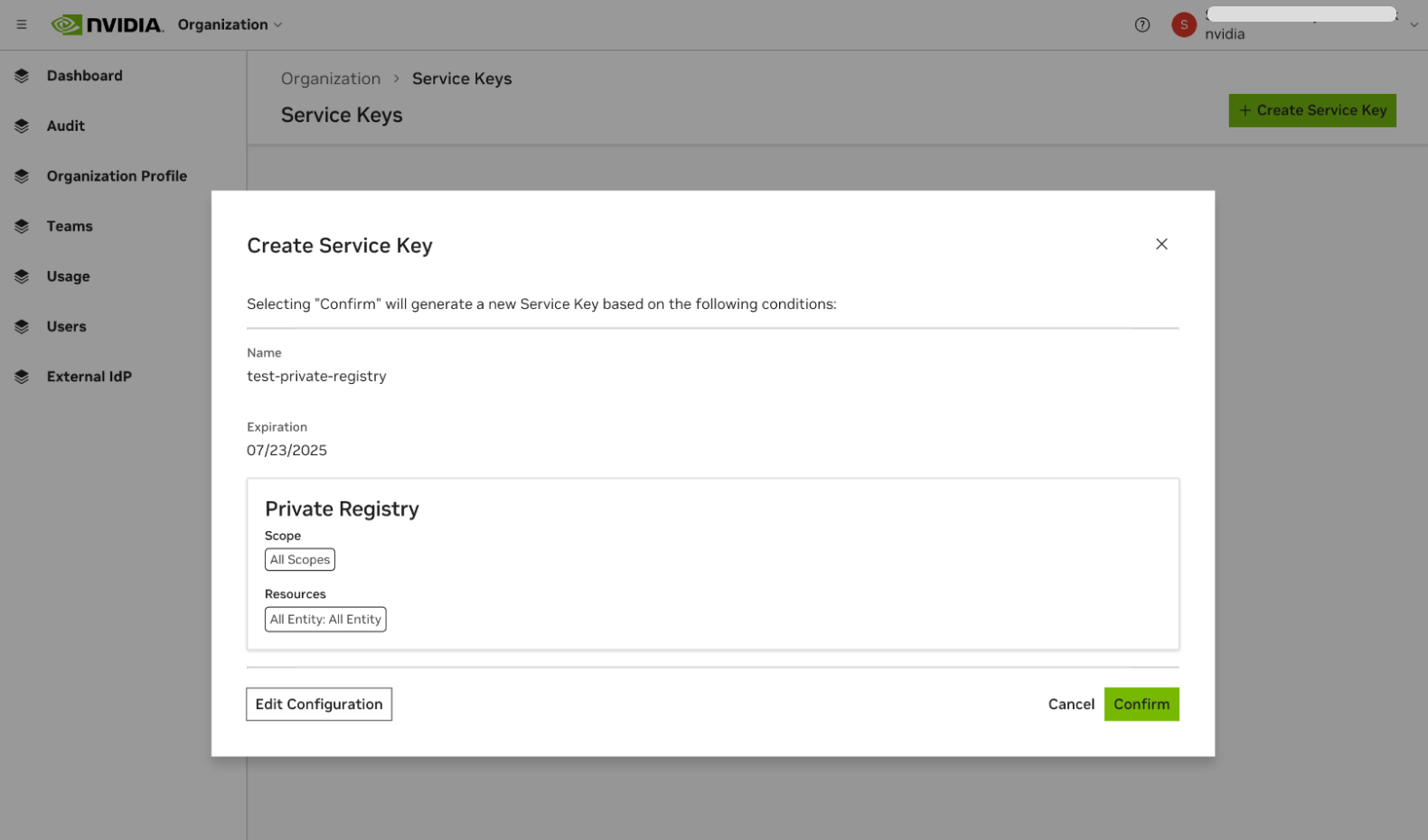 Service key confirmation