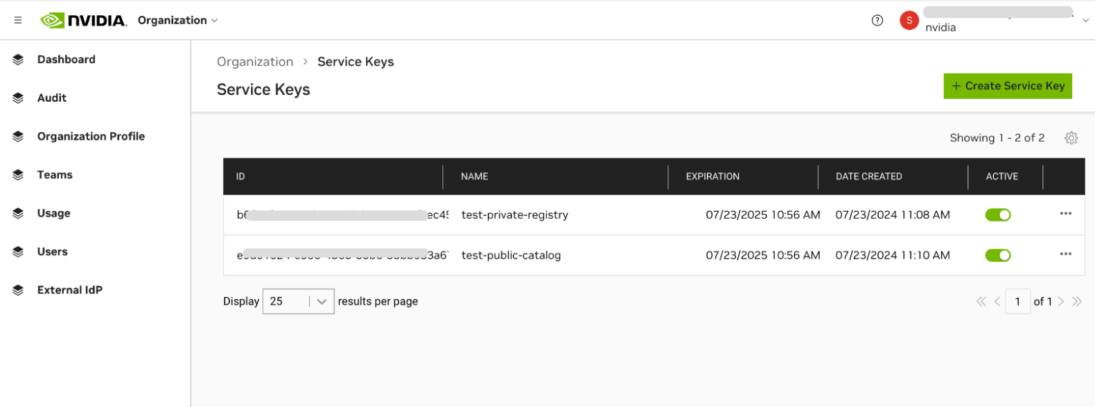 Service keys dashboard