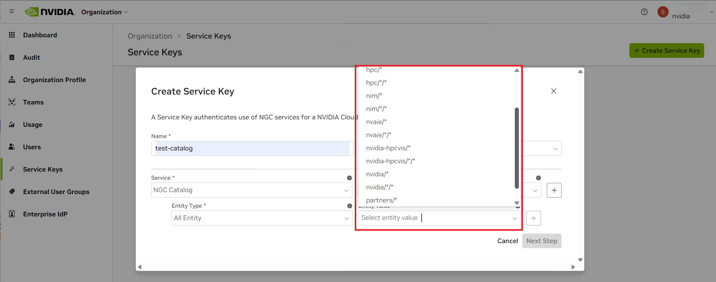 API Key Create Service Key Entity Value