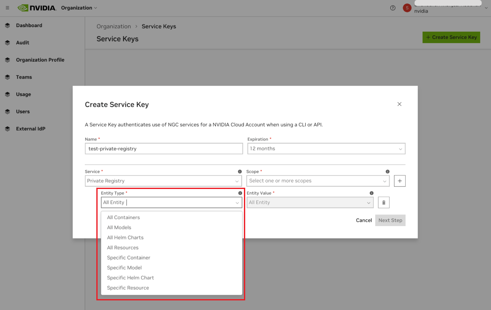 Service key entity type options