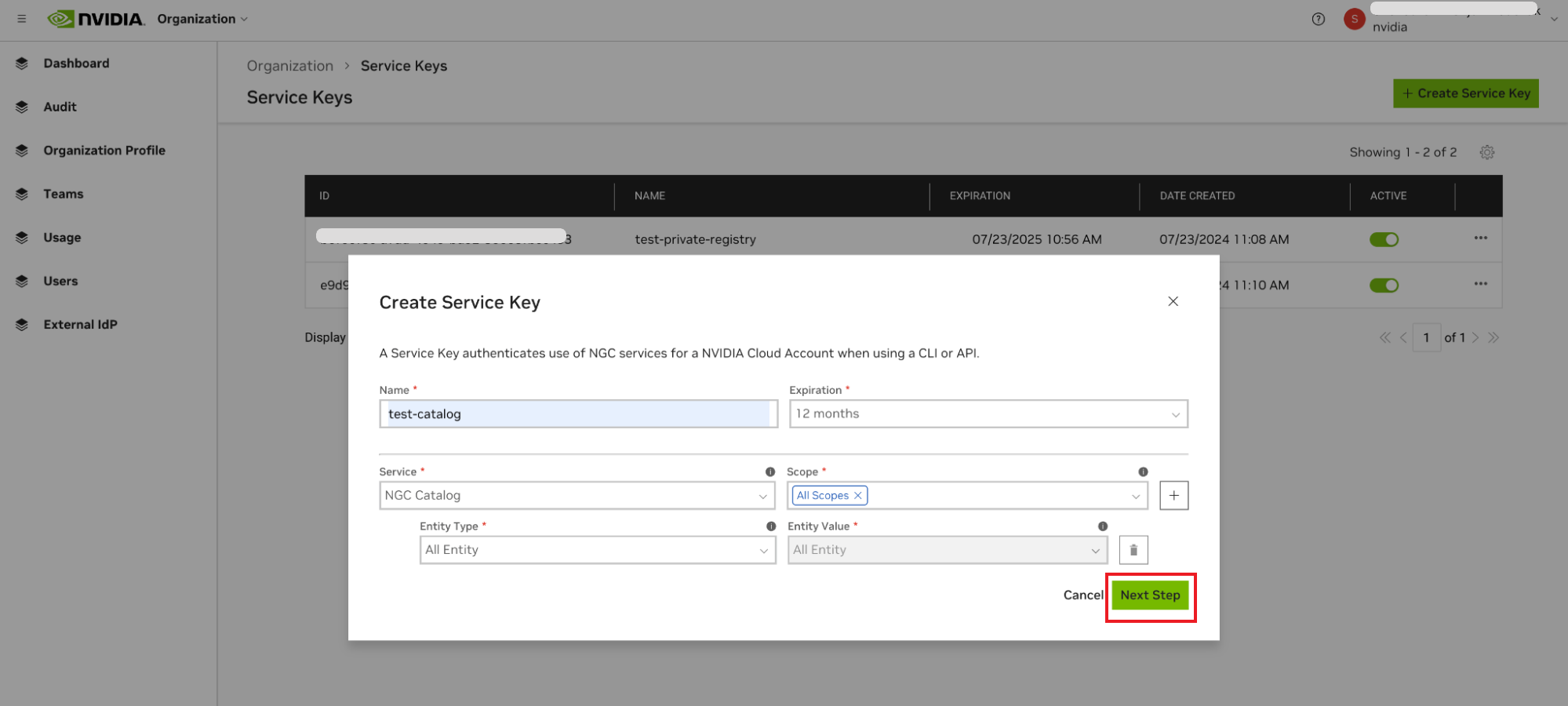 Service key form next step