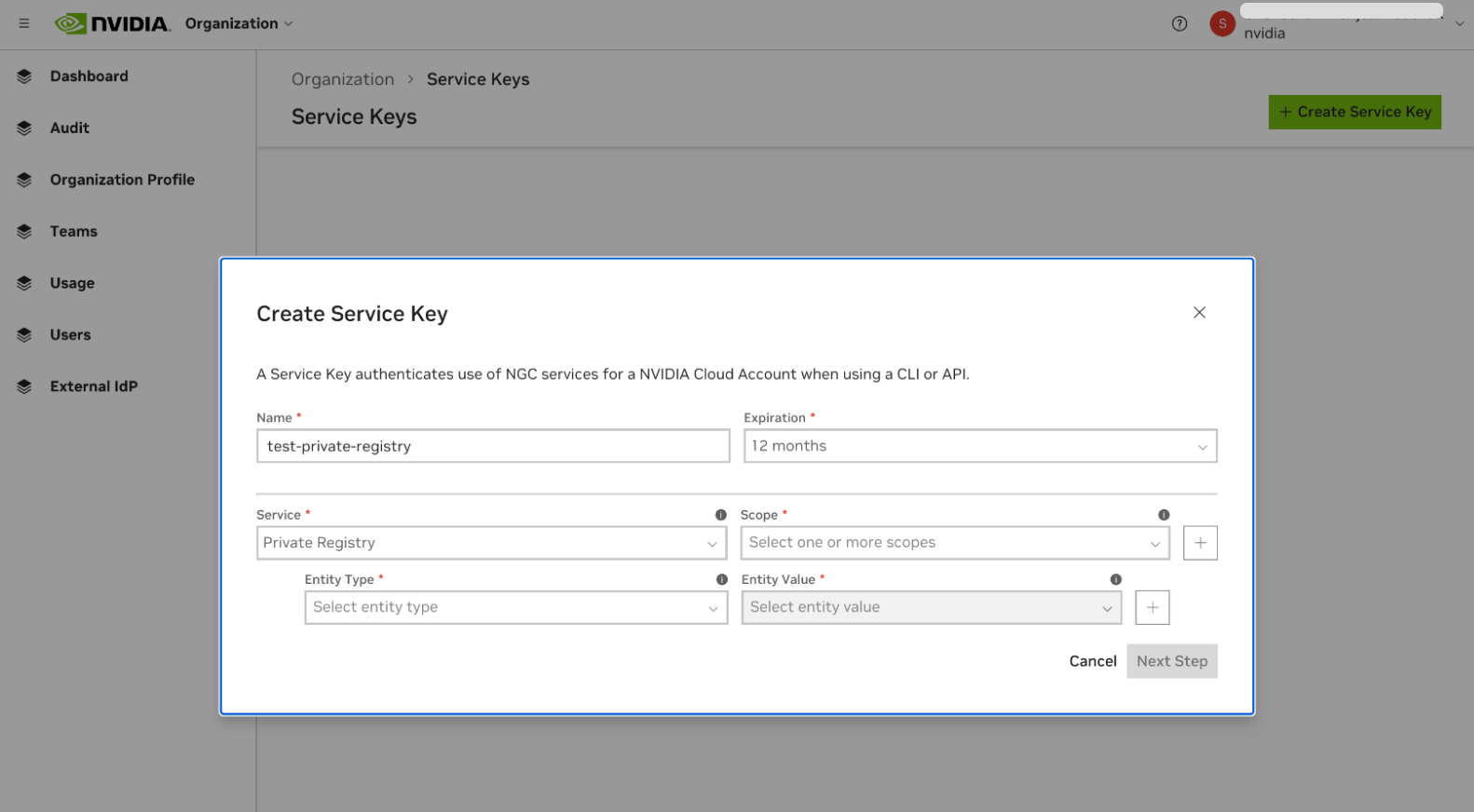 Create service key form