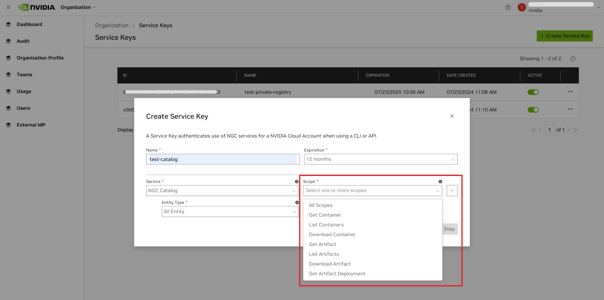 Service key scope options