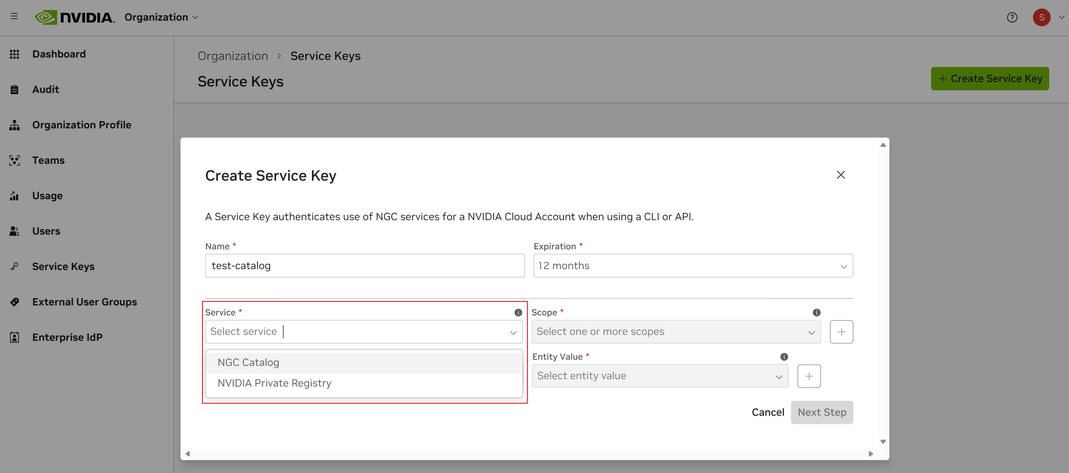 API Key Create Service Key Service