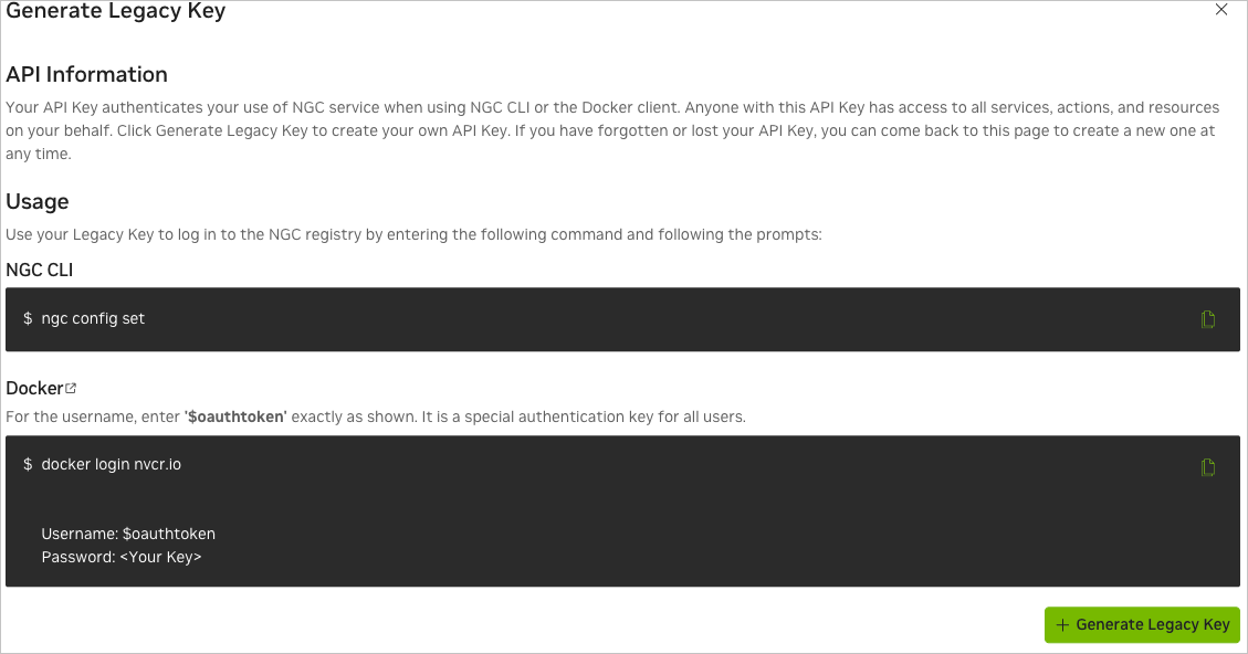 Generate legacy key dialog