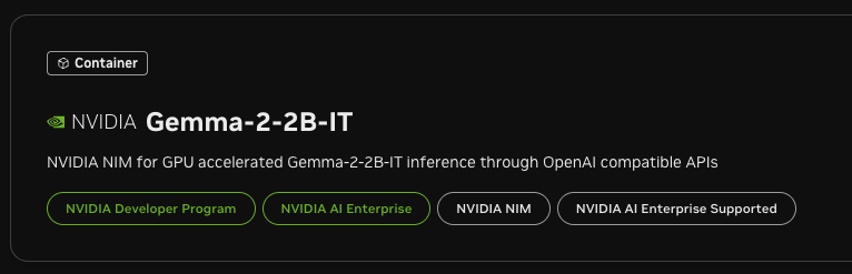 Green product membership labels on an artifact page showing NVIDIA Developer Program, NVIDIA AI Enterprise, NVIDIA NIM, and NVIDIA AI Enterprise Supported