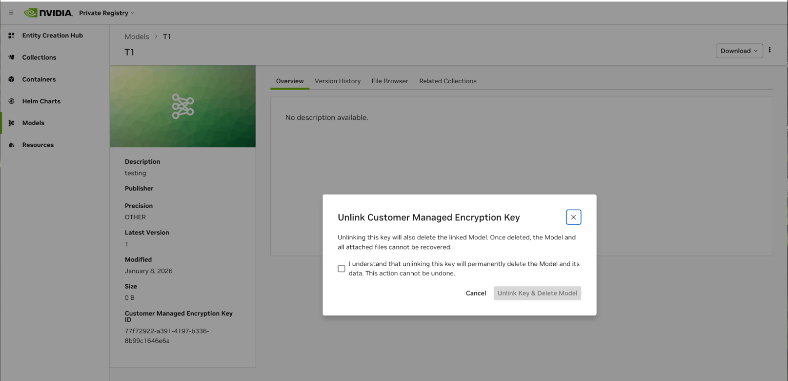 Unlink model from key details page confirm