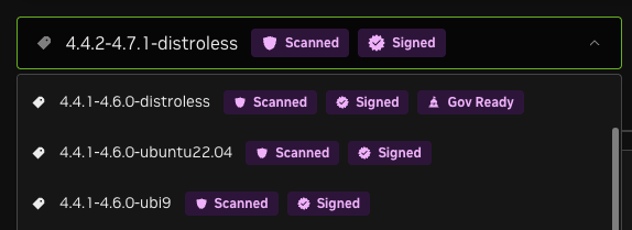 Security compliance labels showing Scanned, Signed, and Gov Ready badges
