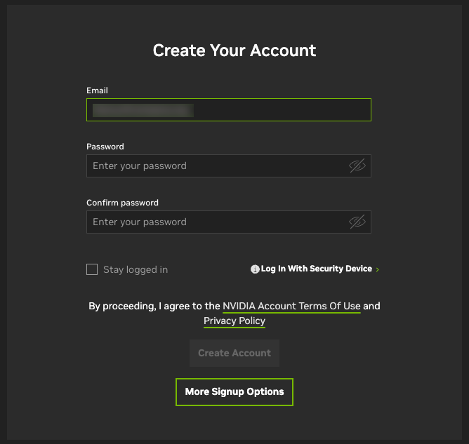Create account screen