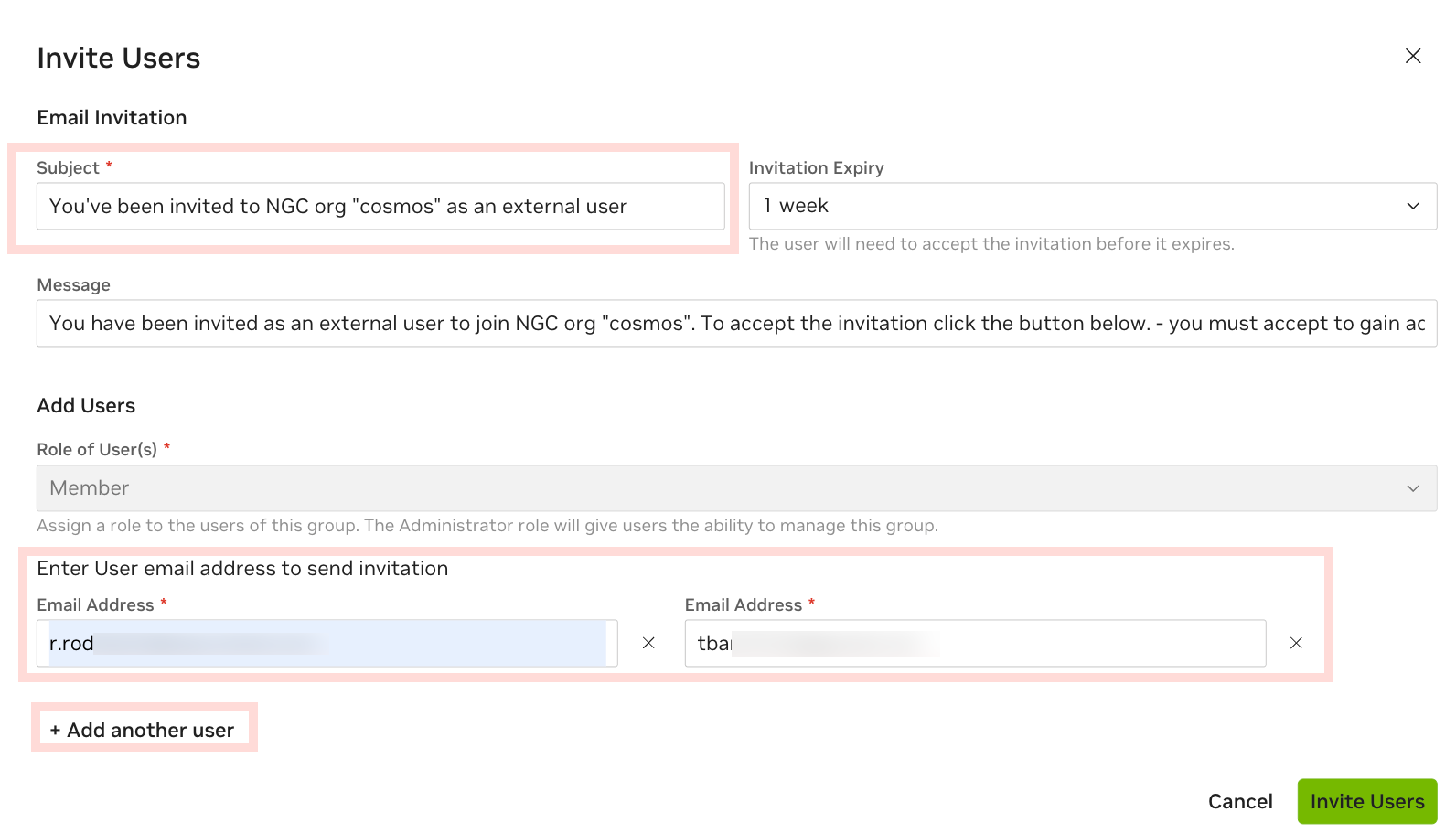 External User Group Invite Users Dialog