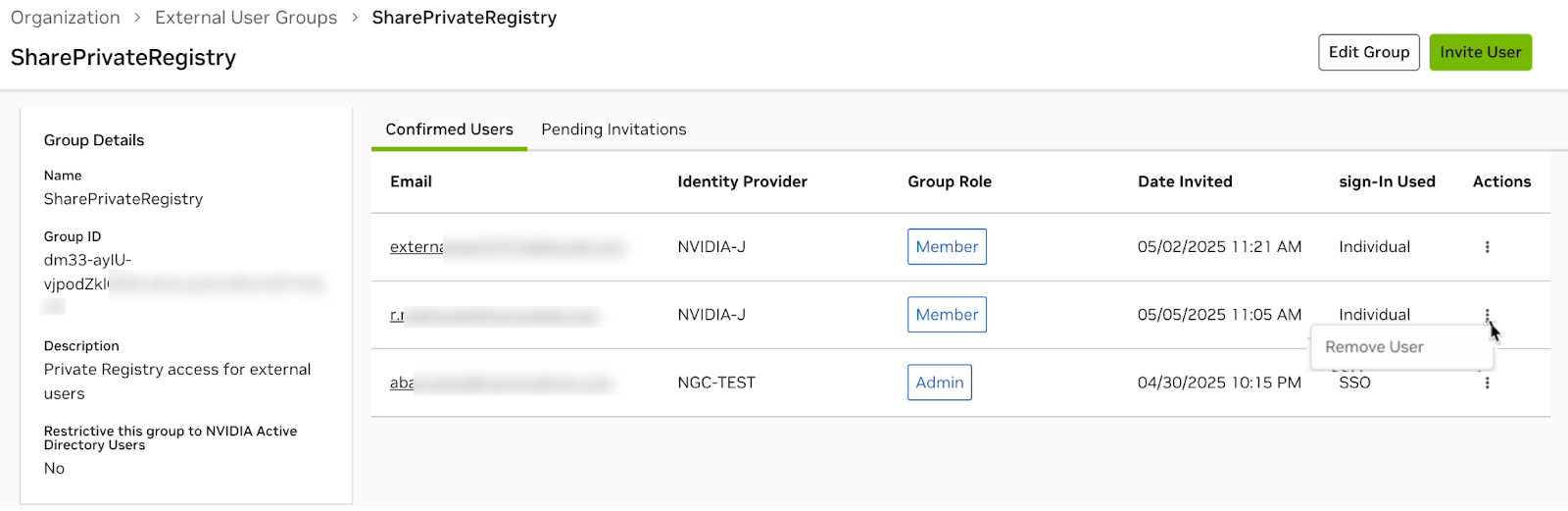 External User Group Organization Confirmed Users