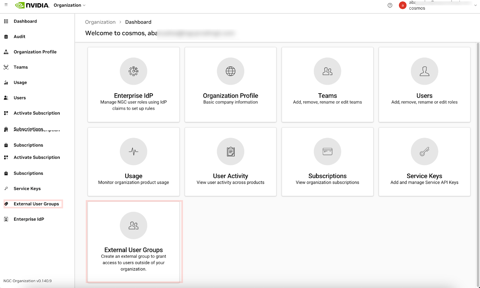 External User Group Organization Dashboard