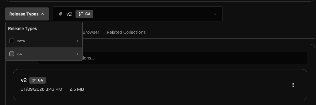 Release Types filter with checkboxes for Beta and GA, showing a filtered view displaying only v2 with GA label