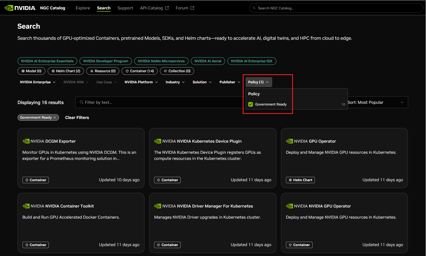 NGC catalog containers government ready filter