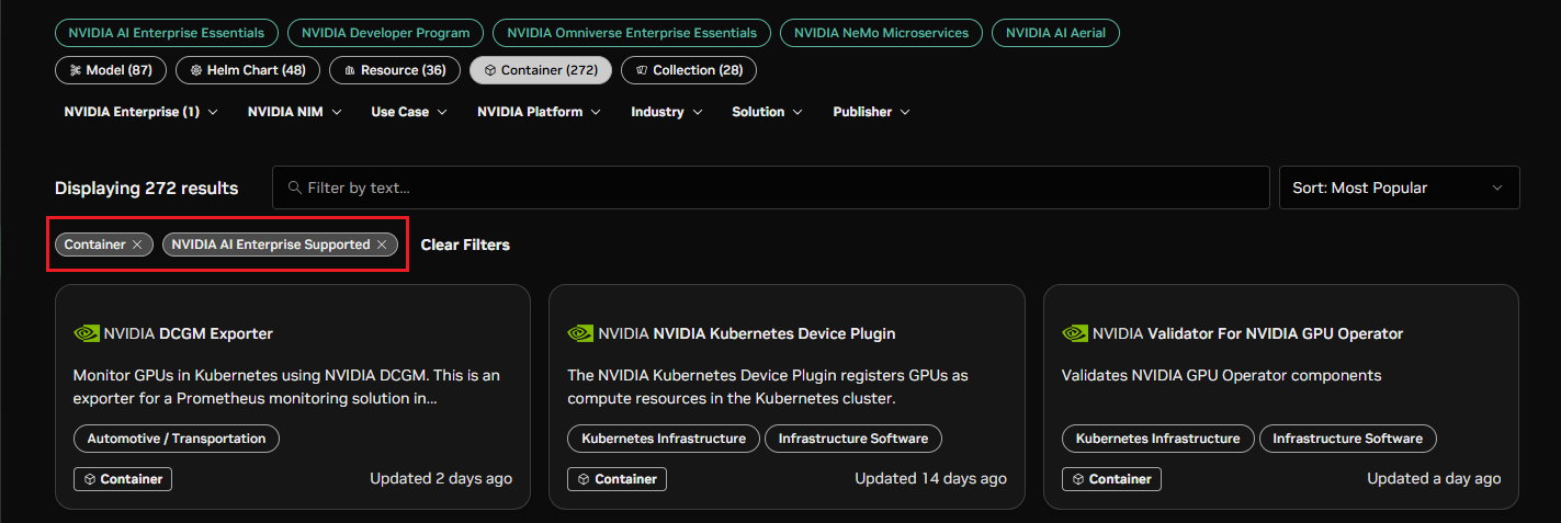 NGC catalog containers filtered AIE