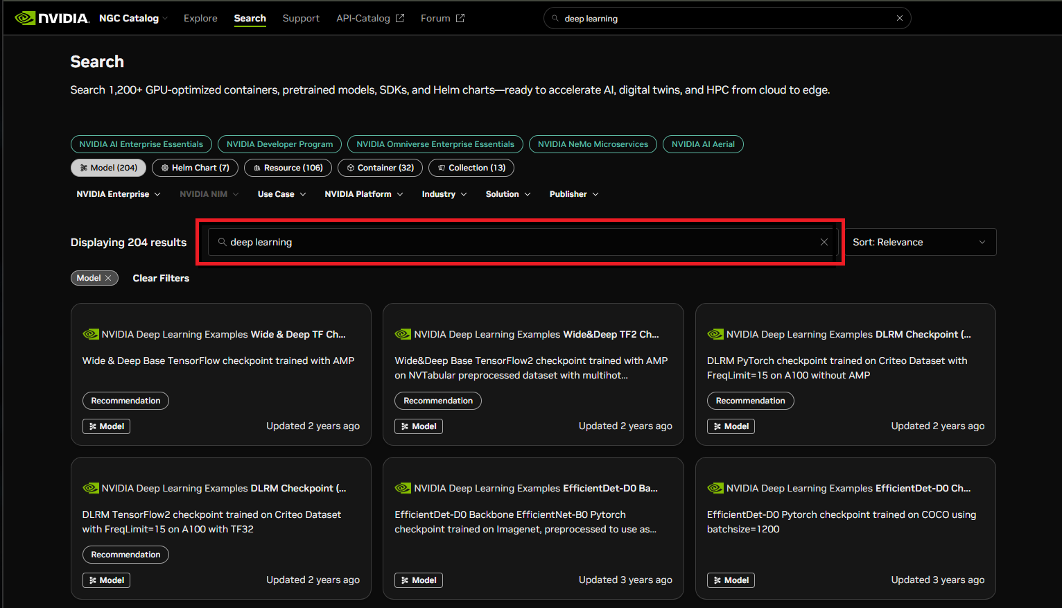 NGC catalog models deep learning search results