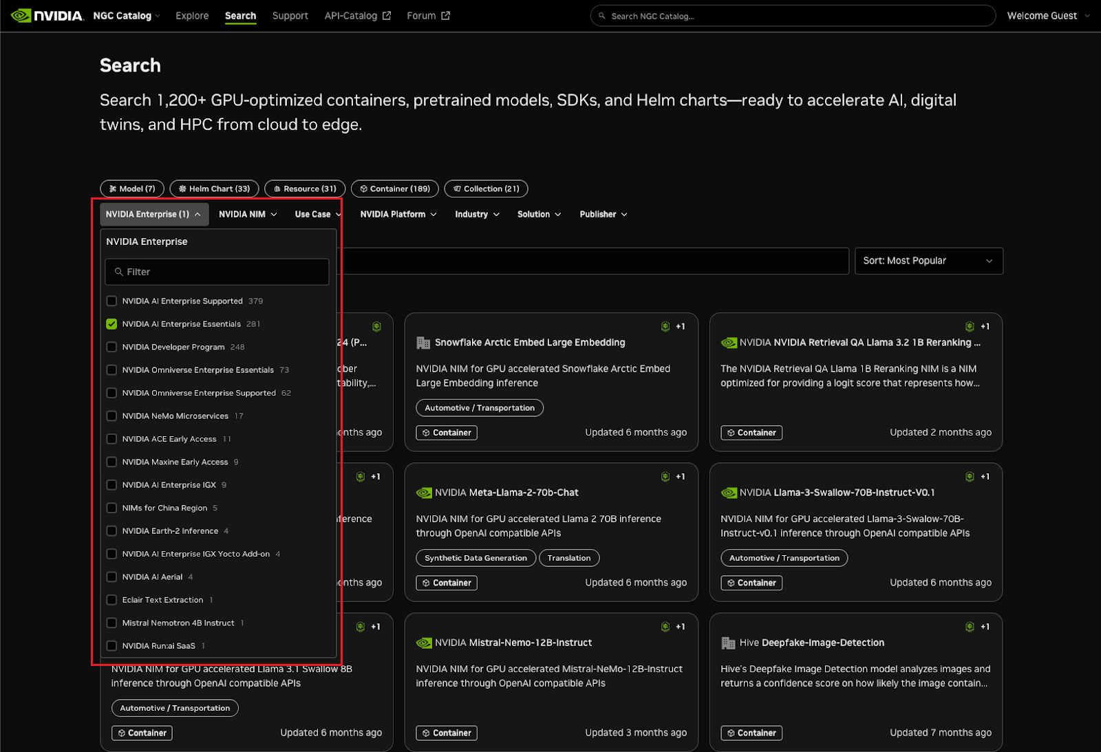NGC catalog containers NVAIE supported example filtered