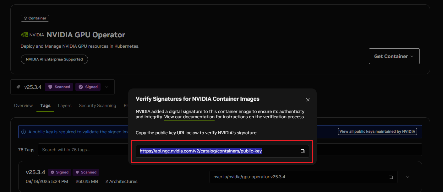 NGC catalog containers view all public keys dialog