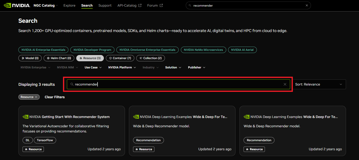 NGC catalog resources recommender search results