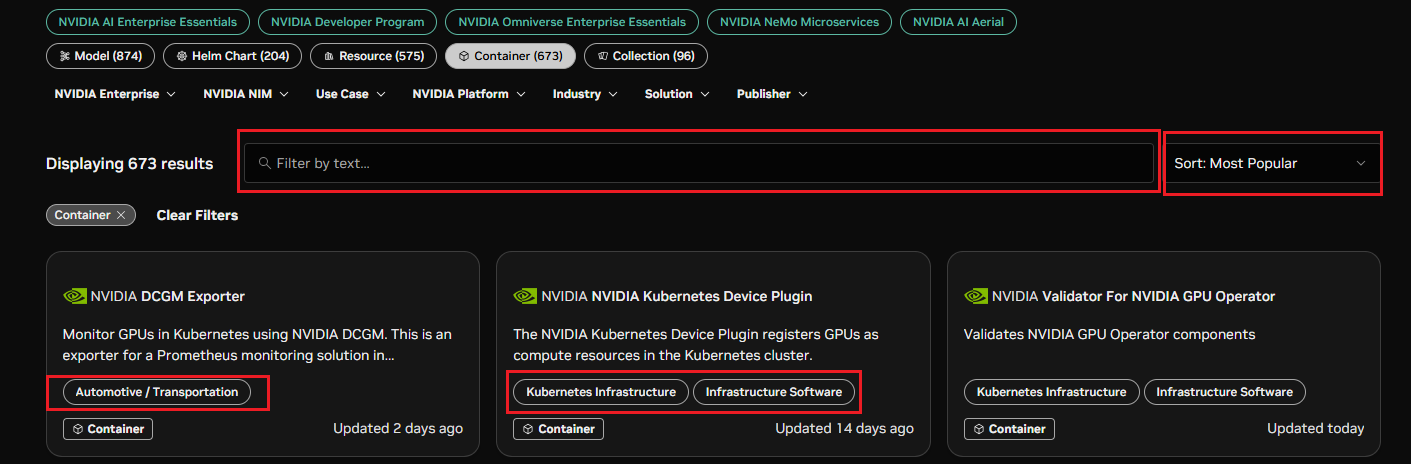 NGC catalog models filter